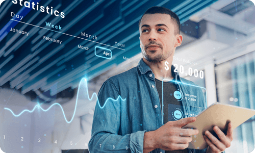 Serviços Profissionais – Banner (2) Homem parado com elementos tecnológicos ao seu redor.